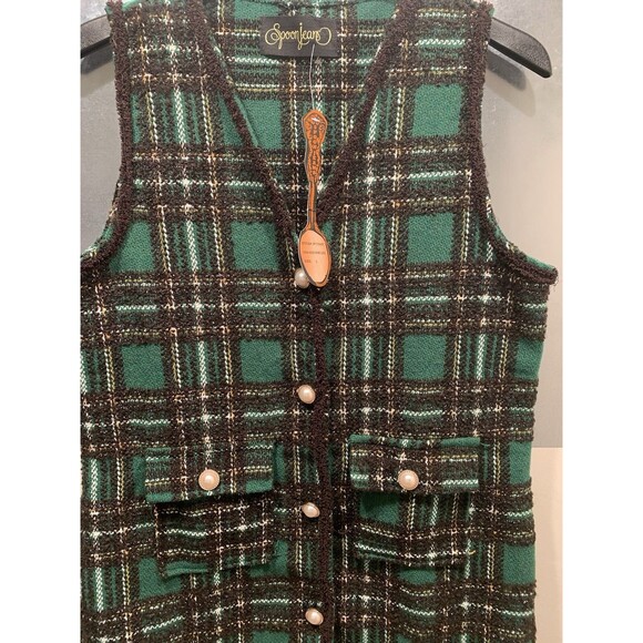 Spoon Jeans Green/Brown/Lurix Plaid Pearl Button Vest Women’s Size L NEW w/Tag - Picture 12 of 16